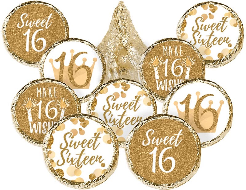DISTINCTIVS White and Gold Sweet 16 Birthday Party Favor Chocolate Kisses Candy Stickers, Sweet Sixteen Stickers - 180 Count - Image 1